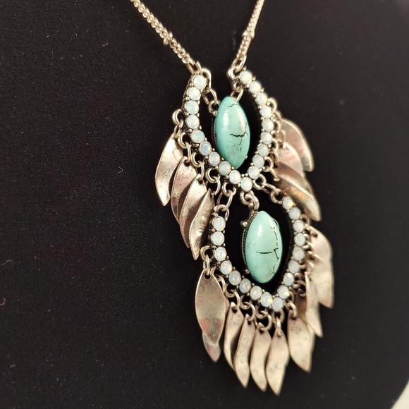 Rhinestone Turquoise Silver Tone Chain Necklace 23"-26" Pendant - Picture 2 of 6